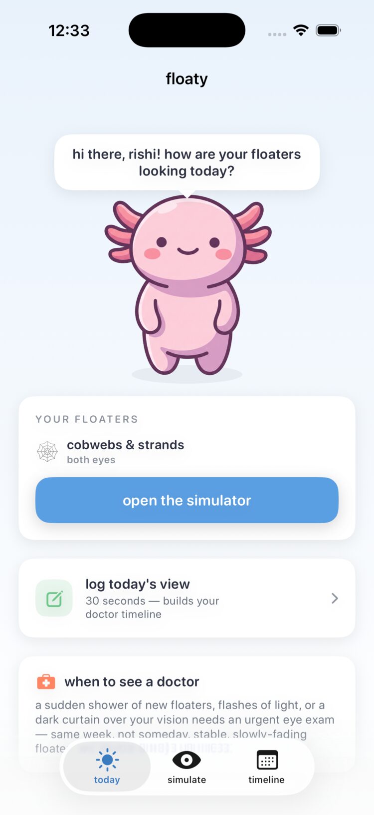 Floaty home screen with the axolotl mascot greeting the user