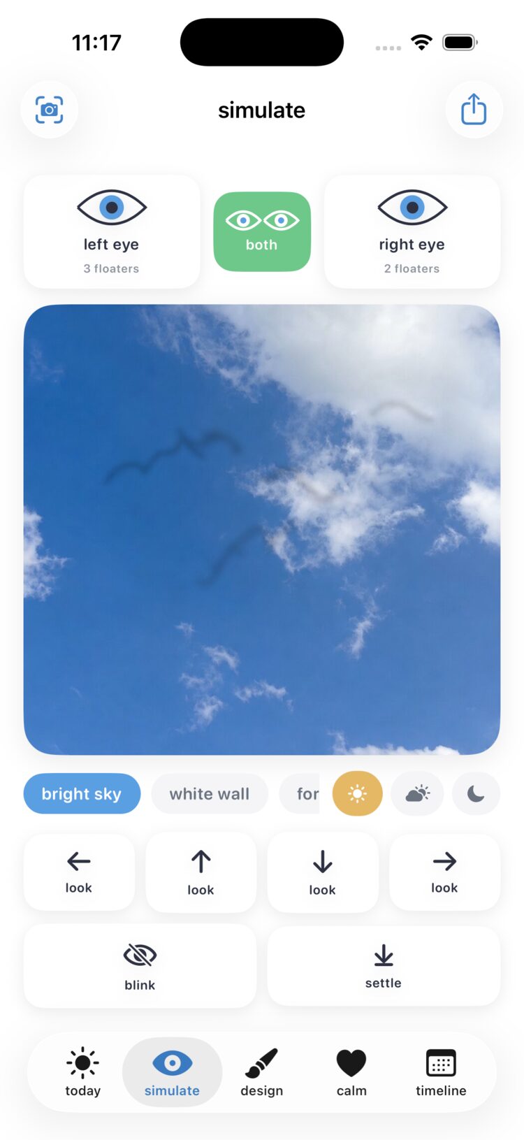 Floaty simulating cobweb floaters drifting across a bright cloudy sky, with per-eye view controls