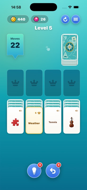 Language Solitaire gameplay showing category slots and word cards