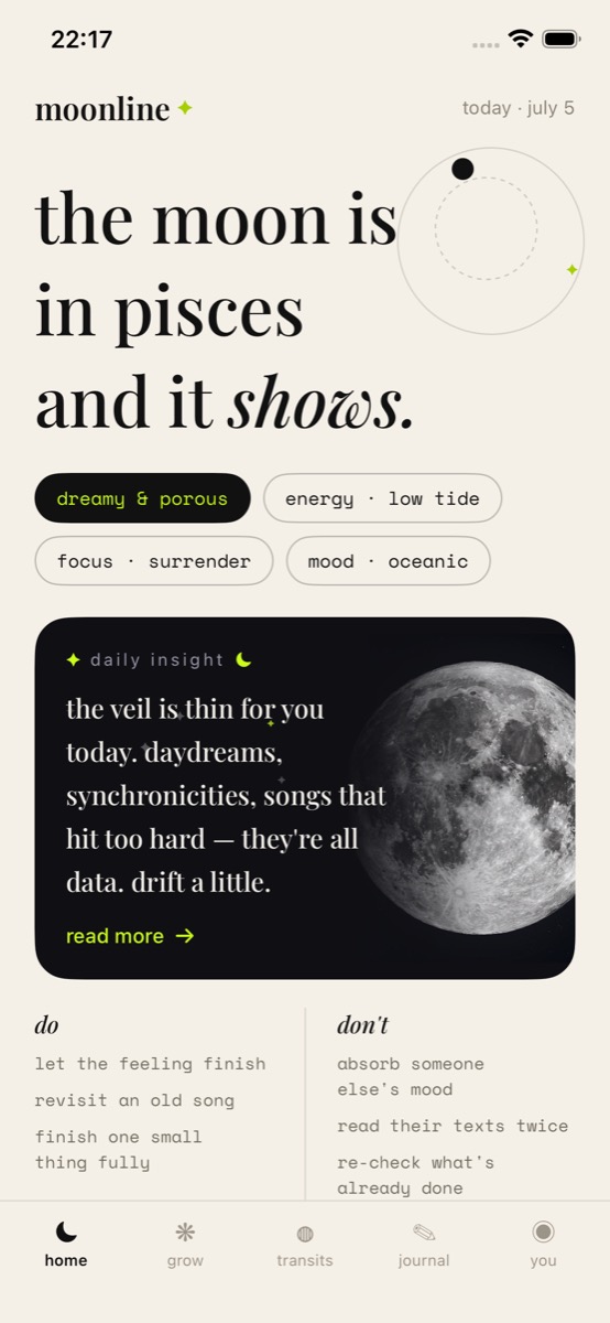 Moonline home screen showing the daily ritual and the moon's sign