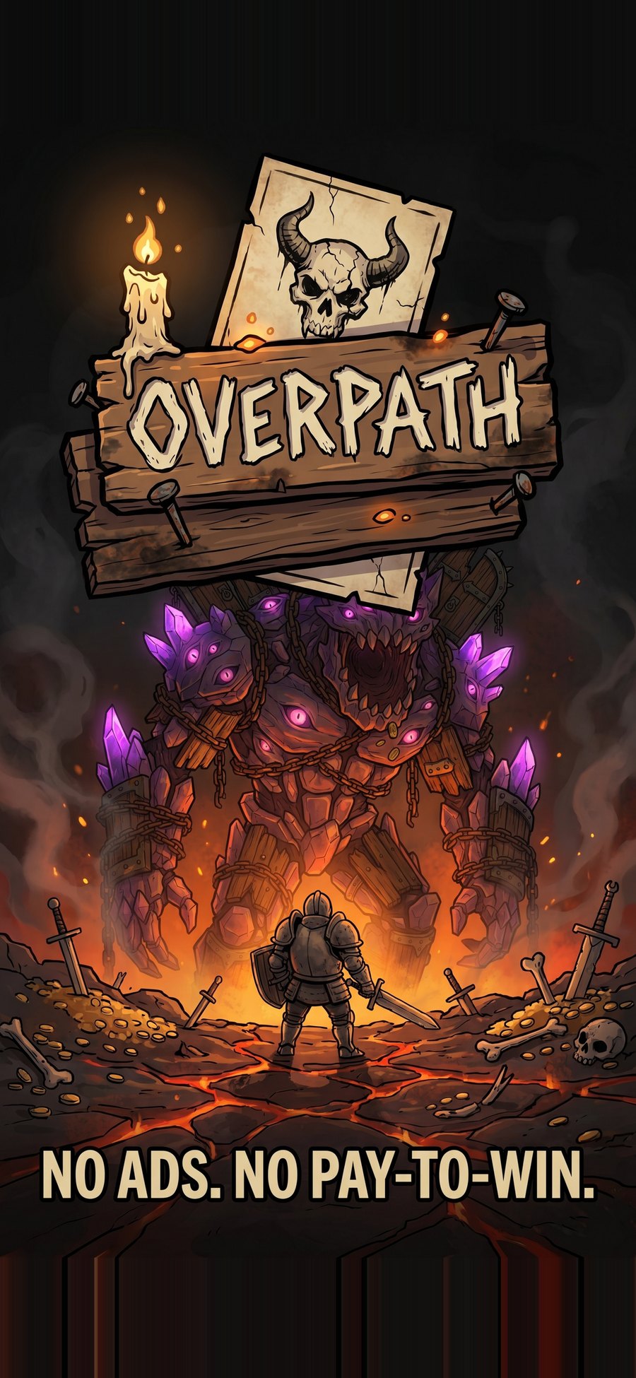 Overpath key art: a knight facing a crystal golem under the carved Overpath sign