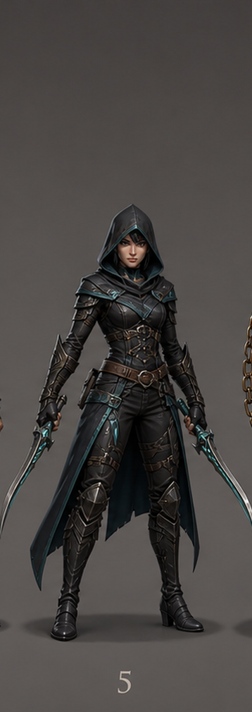 Concept art of Ryn, a hooded veilblade with twin blades