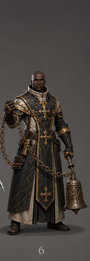 Concept art of Mother Vell, a chain-priest carrying a bell