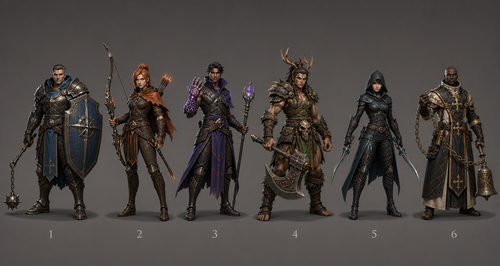 The six Overpath classes: a shield-and-flail Breachguard, a ranger with a bow, an arcanist with a crystal gauntlet, a wildling with an axe, a hooded veilblade with twin blades, and a chain-priest with a bell