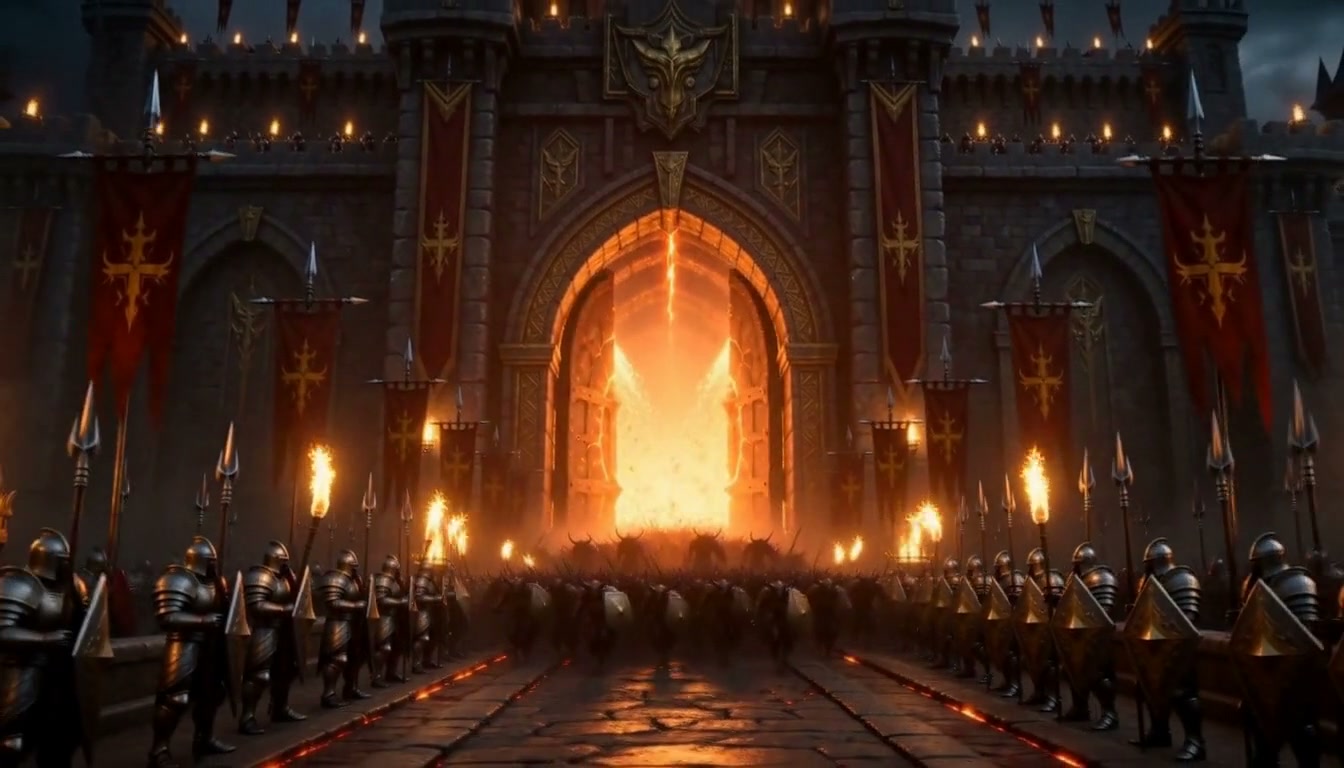 A colossal stone gate splitting open with molten light as a horde pours down a torchlit causeway