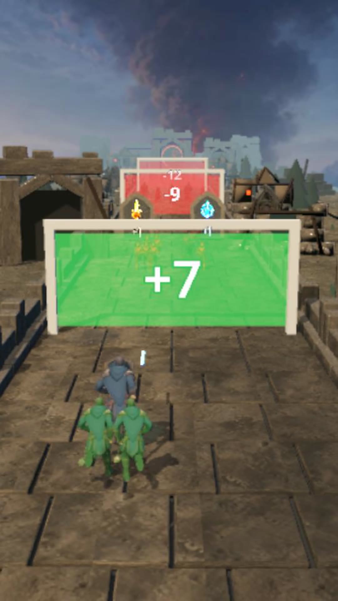 Crowd-running gameplay: a company advancing down a ruined causeway toward a glowing gate