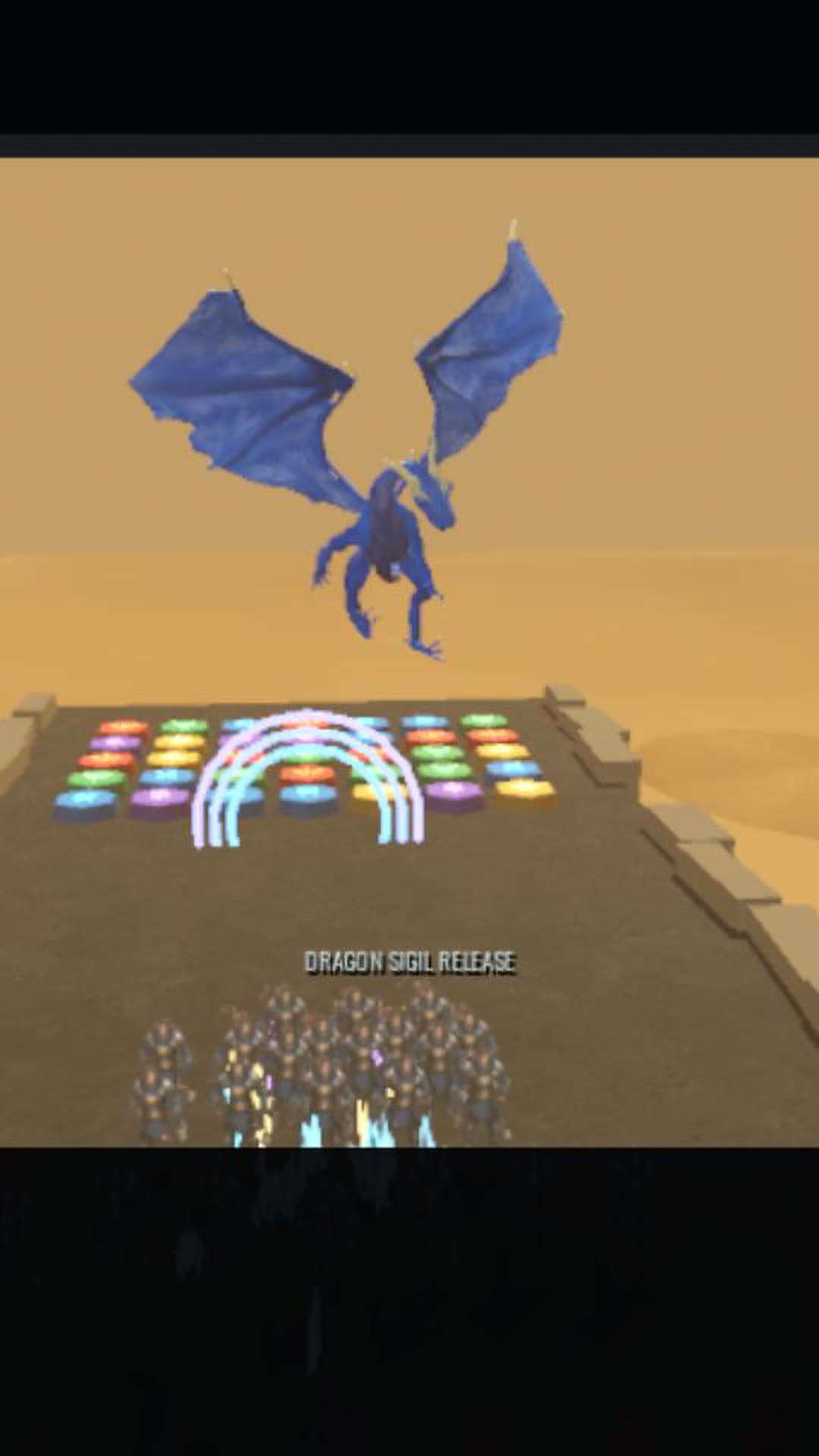 The rune muster board with two armies fighting below it