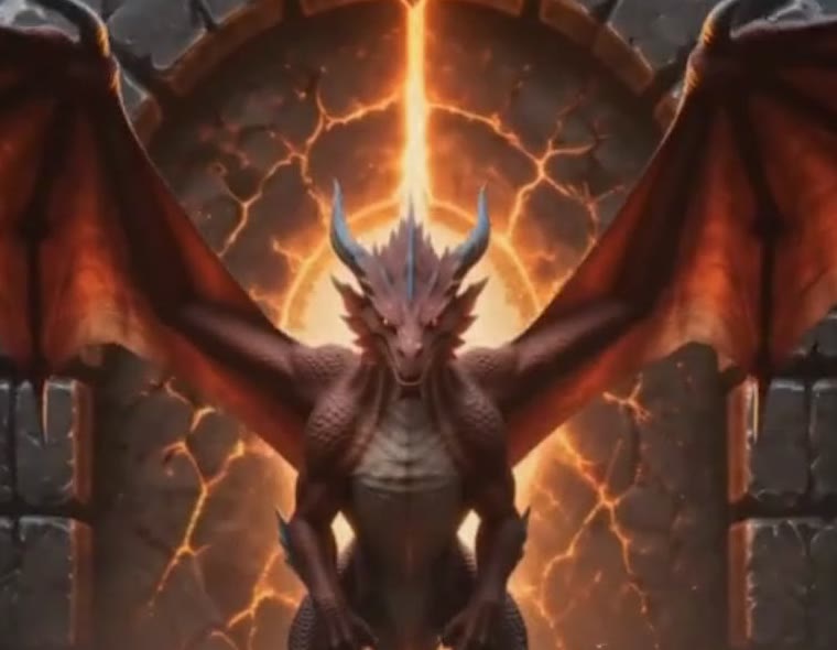Ysaroth, a red dragon lit from behind by the cracked, molten seal