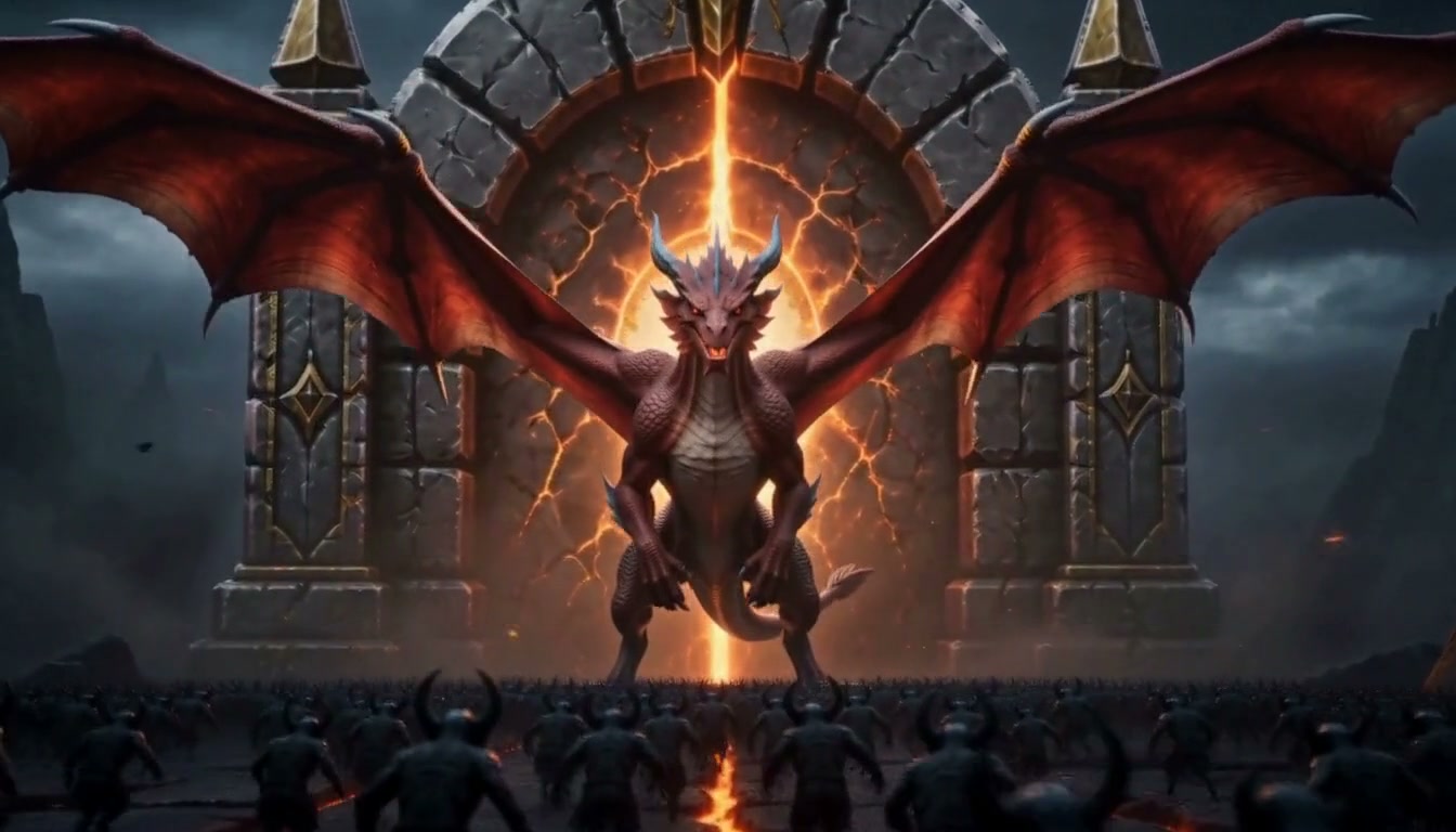A vast red dragon with wings spread, braced in front of a molten gate