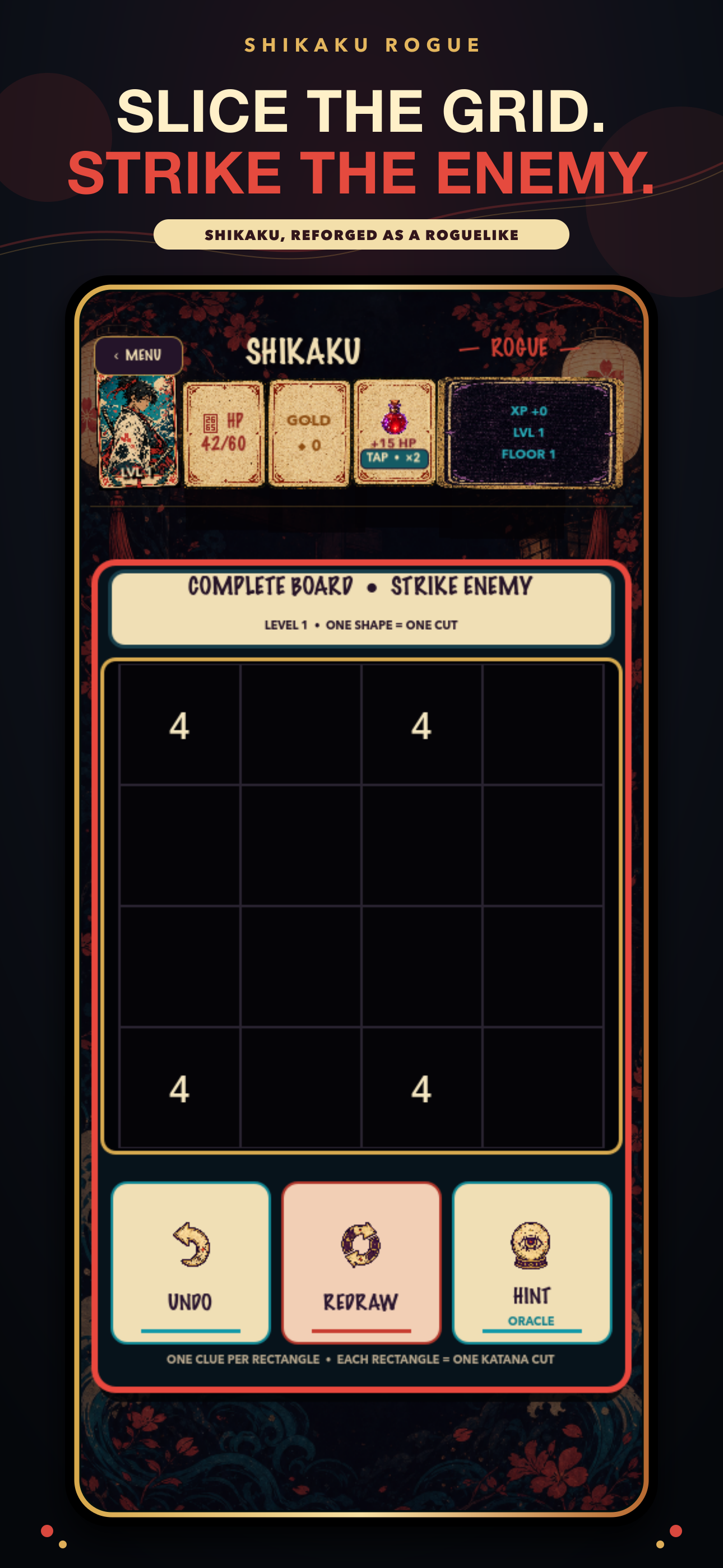 A Shikaku grid framed by samurai battle cards and dungeon controls