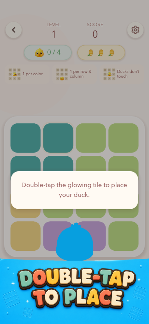 Zoodoku board teaching the player to double-tap a glowing tile to place a duck