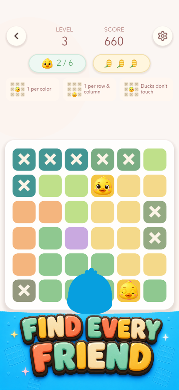 A six by six Zoodoku board with colourful regions, X marks, and animated ducks
